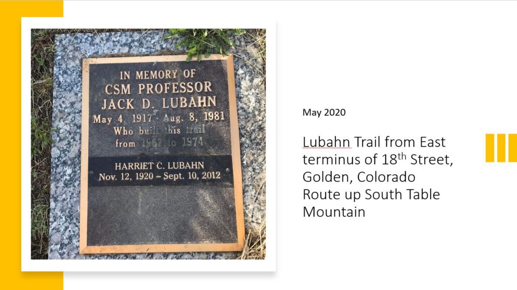 Plaque at the base of the Lubahn Trail, South Table Open Space Park.