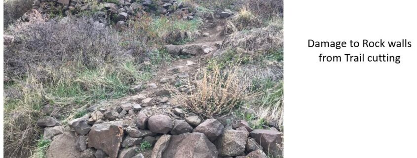 Damage to rock walls on the Lubahn Trail, South Table Open Space Park
