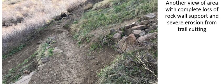 Loss of rock wall due to trail abuse, Lubahn Trail, South Table Open Space Park