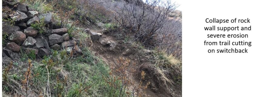Loss of rock wall due to trail abuse, Lubahn Trail, South Table Open Space Park